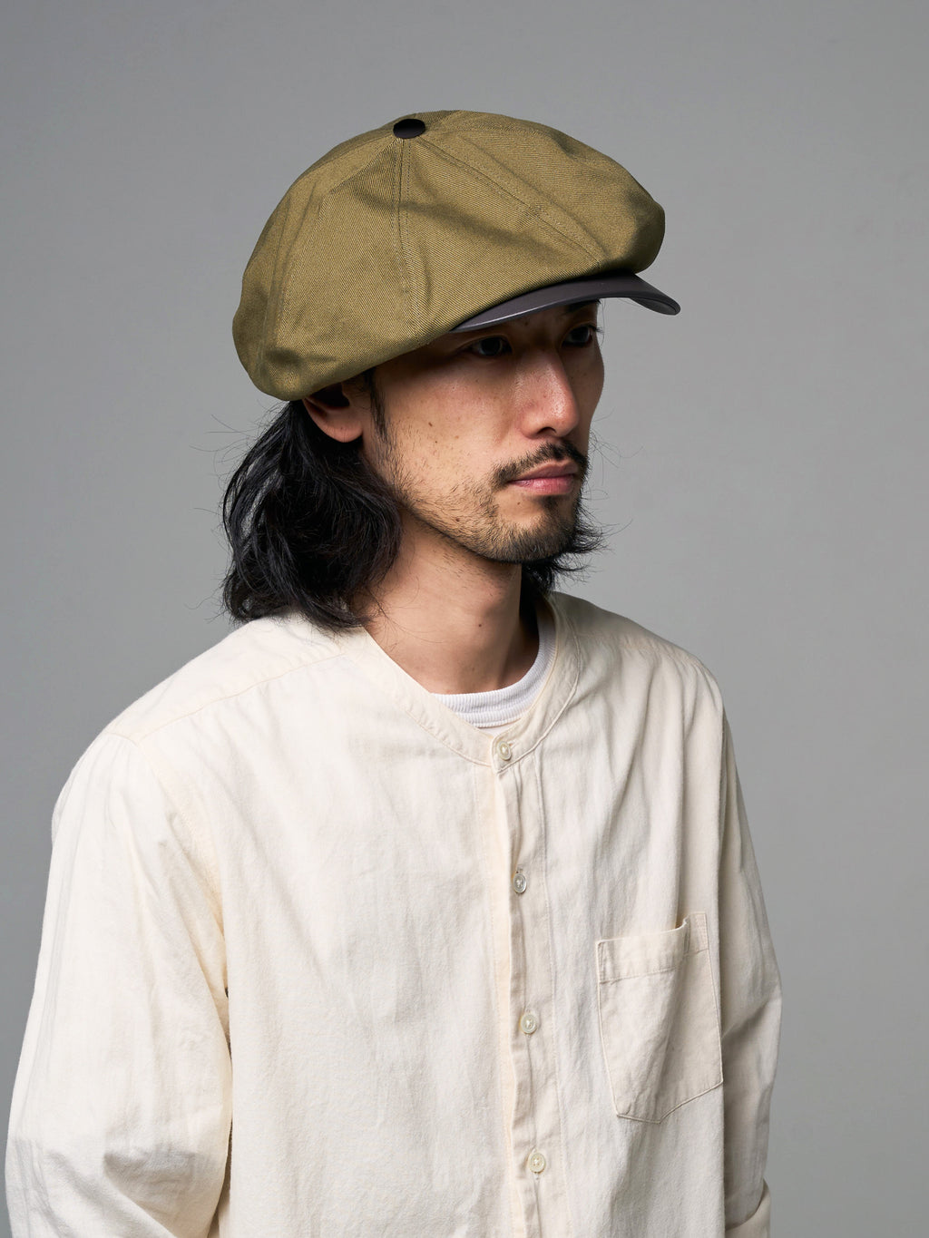PU LEATHER & TWILL LONG BILL CASQUETTE