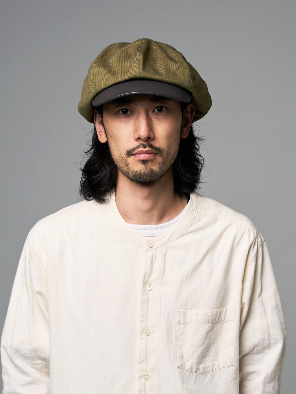 PU LEATHER & TWILL LONG BILL CASQUETTE
