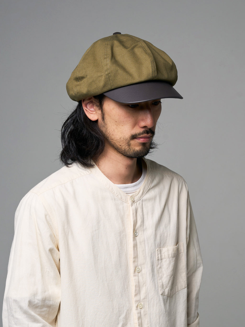 PU LEATHER & TWILL LONG BILL CASQUETTE